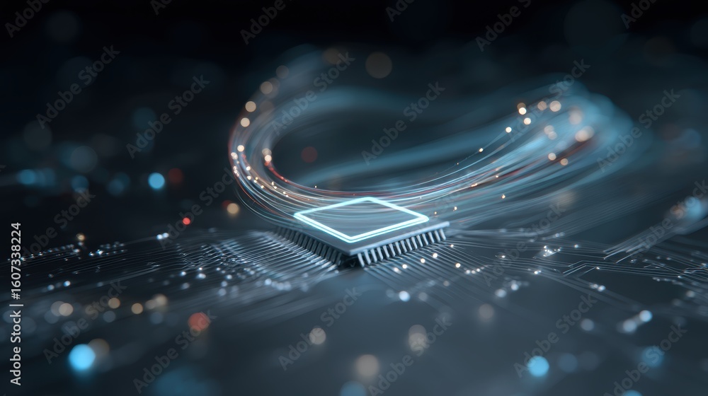 Poster a glowing microchip with dynamic data streams flowing in a futuristic, digital environment symbolize