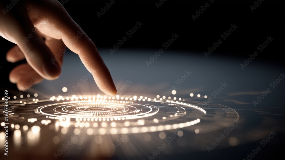 Poster a hand interacts with a futuristic digital interface featuring glowing circular patterns and dots on