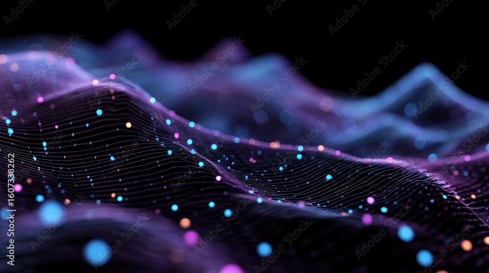 Poster a vibrant digital wave of interconnected lines and colorful dots forms an abstract, flowing landscap