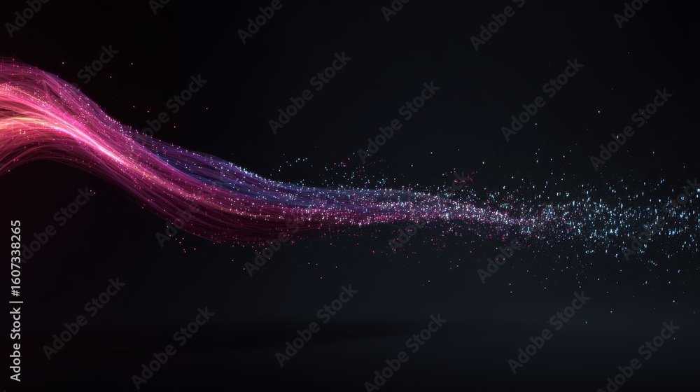 Poster a vibrant, flowing wave of pink and purple light particles streaks across a dark background, creatin