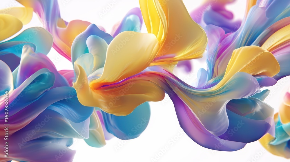 Poster vibrant, flowing abstract shapes in pastel colors blend seamlessly, creating a dynamic and ethereal 