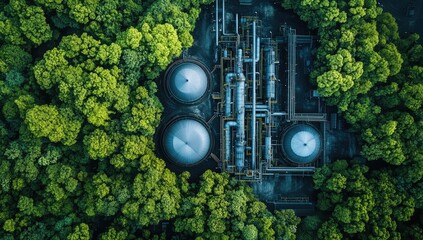 Industrial complex nestled within a lush green forest.  Aerial view of large metal tanks and pipes amidst dense trees