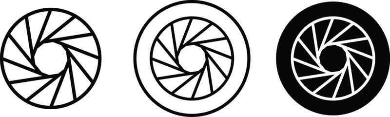 Set photo camera lens diaphragm. Aperture icon set. Camera shutter icon. Lens aperture, photo shutter, photo lens, shutter lens. Represent capture and shoot.

