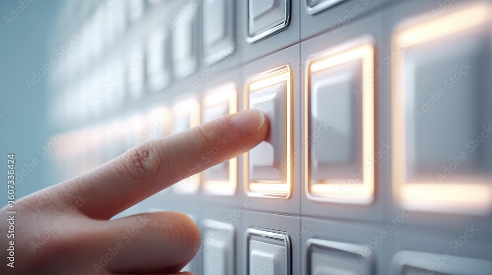Poster a finger presses a glowing illuminated button on a sleek, modern control panel with multiple square 