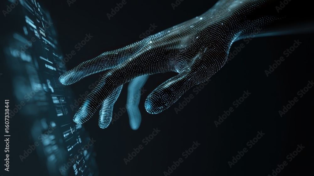 Poster a digital hand composed of glowing dots interacts with a futuristic touchscreen interface against a 