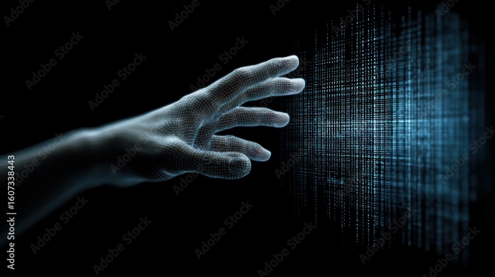Poster a digital wireframe hand reaching towards a vertical stream of glowing binary code on a dark backgro