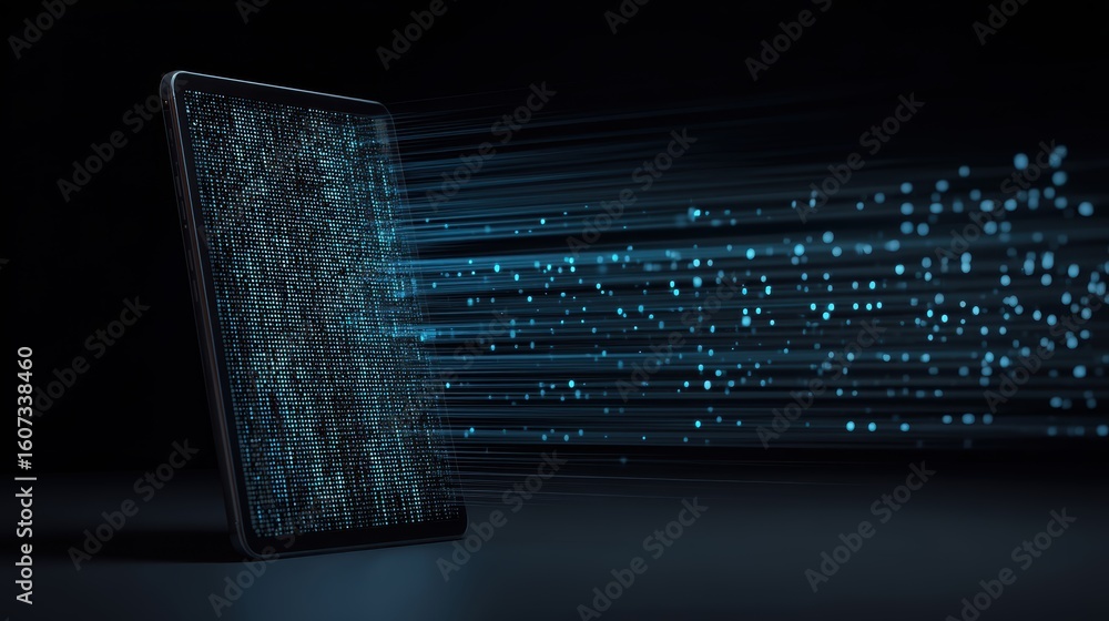 Aufkleber a digital tablet emitting streams of glowing data particles, symbolizing data transfer, connectivity