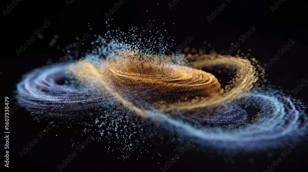 Poster a swirling, dynamic visualization of particles forming a complex spiral pattern against a dark backg