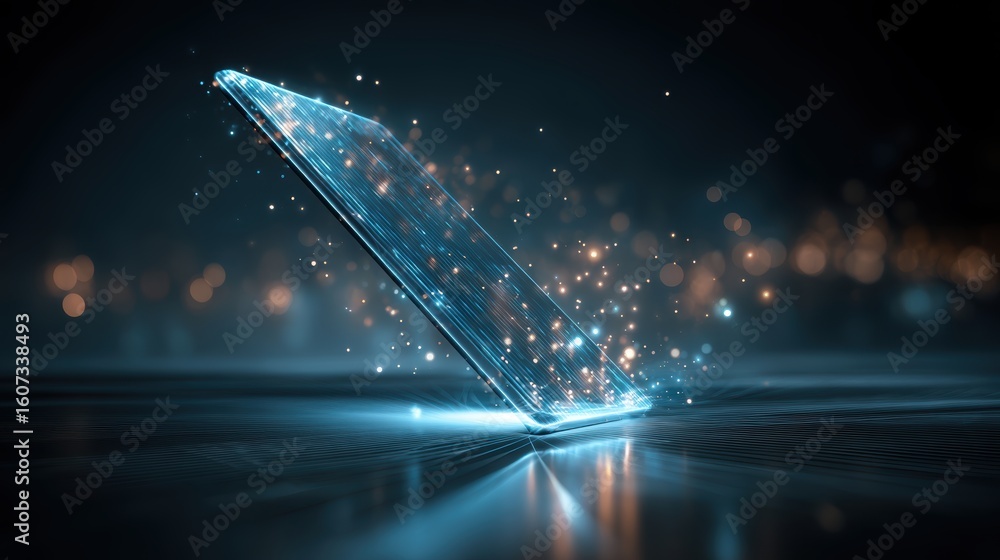 Poster a futuristic holographic smartphone made of glowing digital particles is displayed upright on a refl