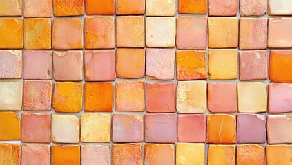 A close-up view of a mosaic wall.  Colorful square tiles in varying shades of orange, pink, and peach