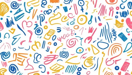 Abstract, colorful, playful pattern of hand-drawn shapes and lines on a white background