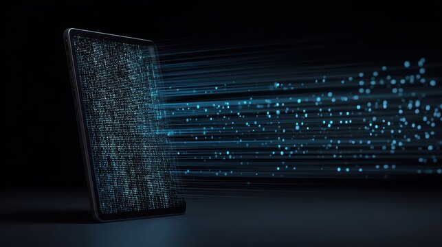 A digital tablet emitting streams of glowing data particles, symbolizing data transfer, connectivity, and digital communication, virtual 3D dashboard with AI