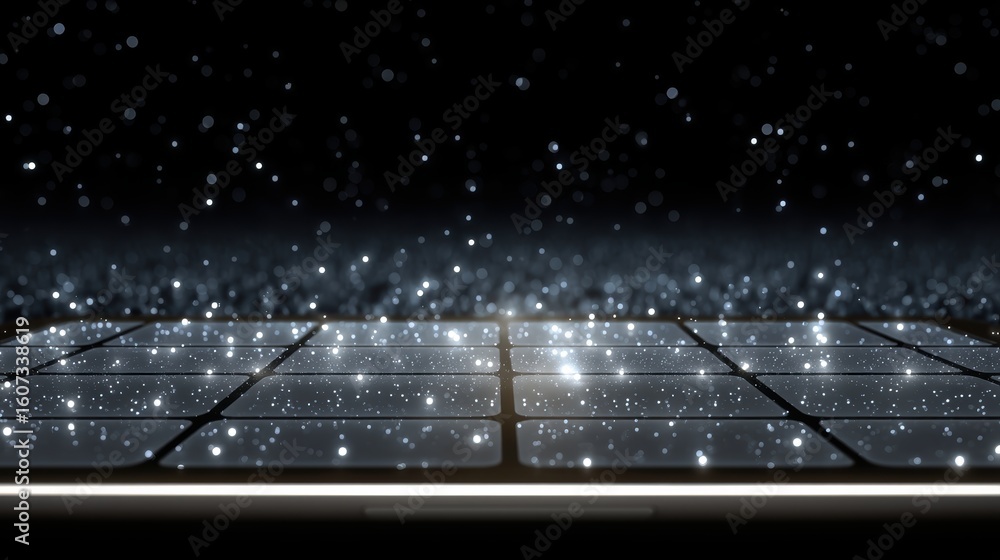 Poster a close-up of a laptop keyboard with water droplets or sparkles creating a glowing, futuristic effec