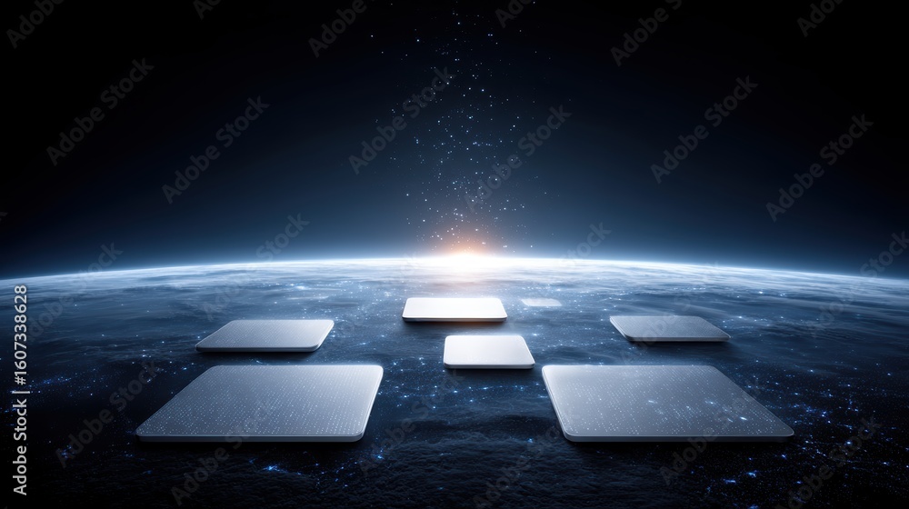 Poster futuristic floating digital interfaces hover above earth