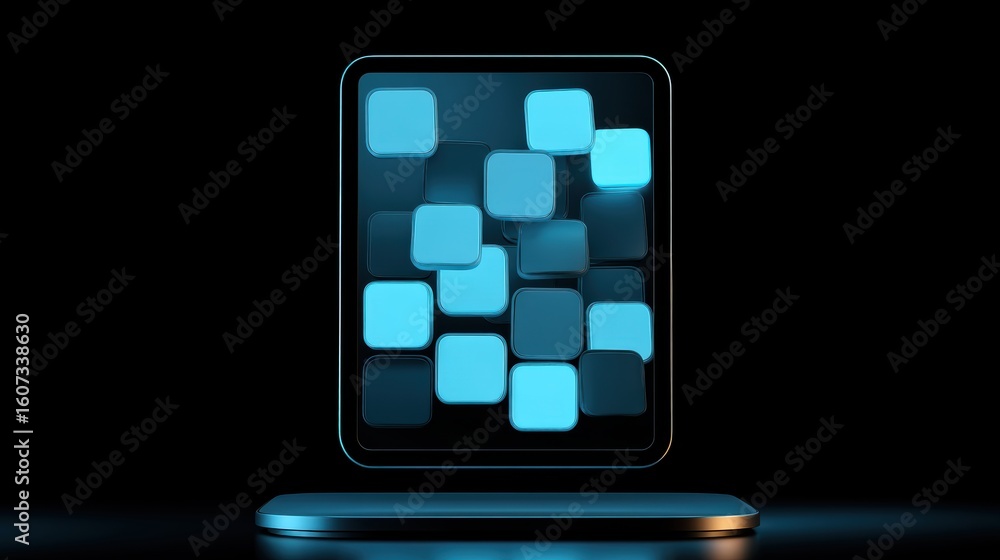 Poster a floating transparent panel displays glowing blue squares arranged in a staggered pattern against a