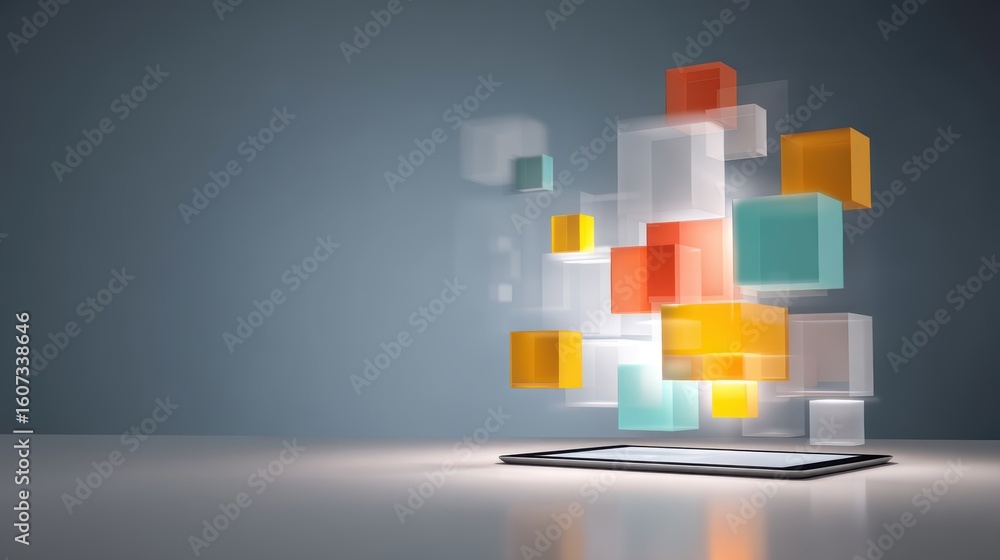 Poster a 3d abstract composition of translucent and colored cubes floating above a digital tablet on a refl