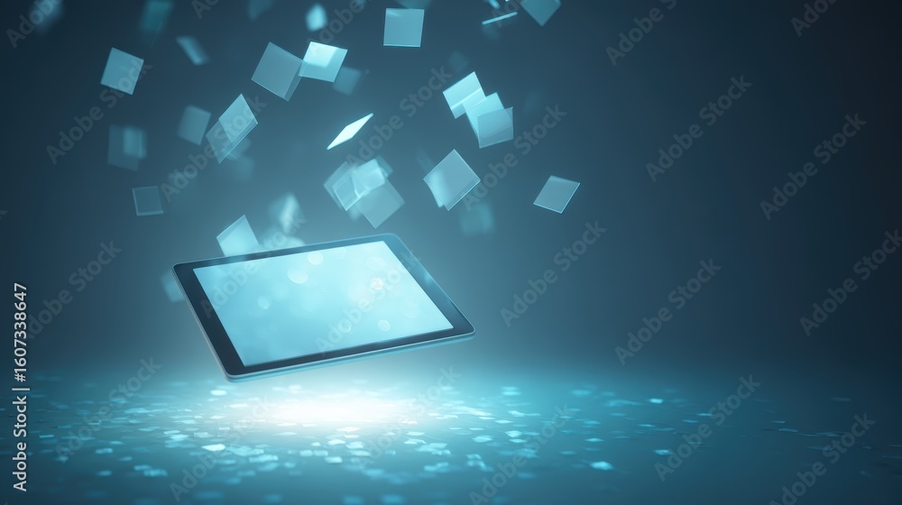 Aufkleber a digital tablet emits glowing, floating squares symbolizing data transfer or cloud computing in a f