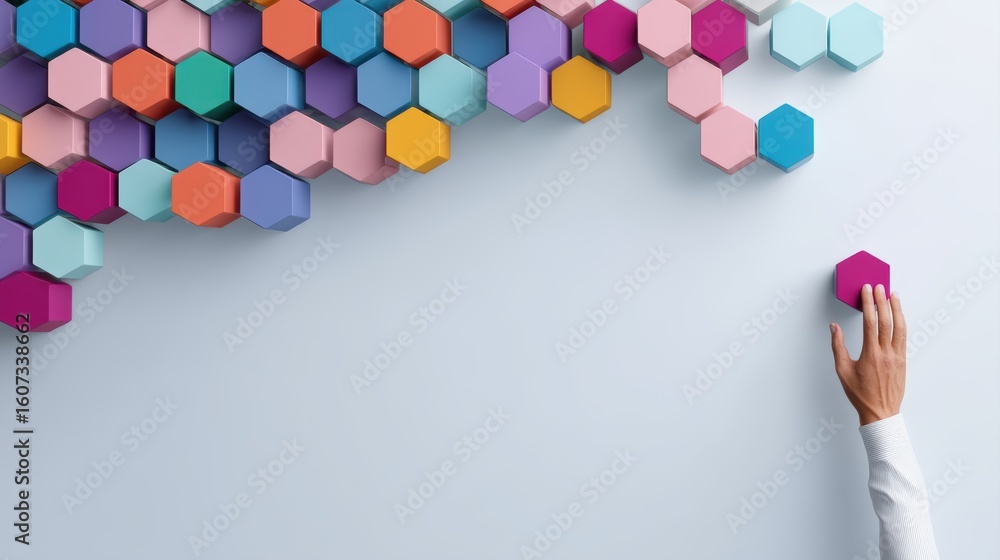 Poster a hand places a colorful hexagonal tile among many others forming a partial honeycomb pattern on a l