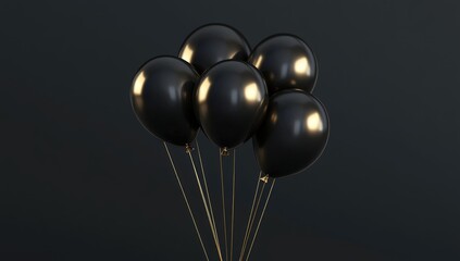 A cluster of glossy black balloons on gold strings against a dark background