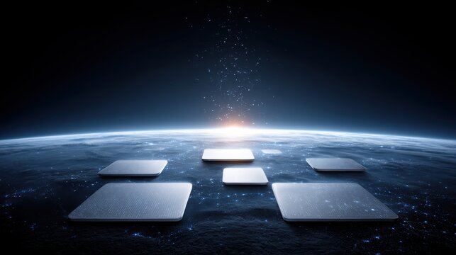 Futuristic floating digital interfaces hover above Earth"s horizon in space, illuminated by a distant sun, virtual 3D dashboard with AI