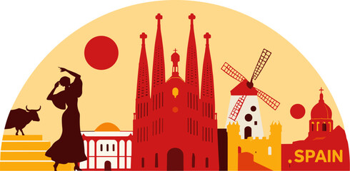 Flat vector artwork of Spain with flamenco dancer, bull, cathedral and windmills in bold red tones. Conceptual Spanish travel banner