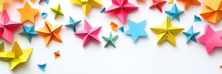 Colorful paper stars scattered on white background