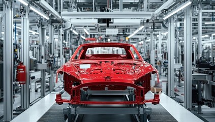 Red car chassis in a modern factory (1)