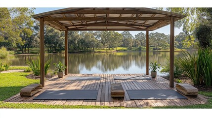 Wooden yoga deck overlooking a serene lake