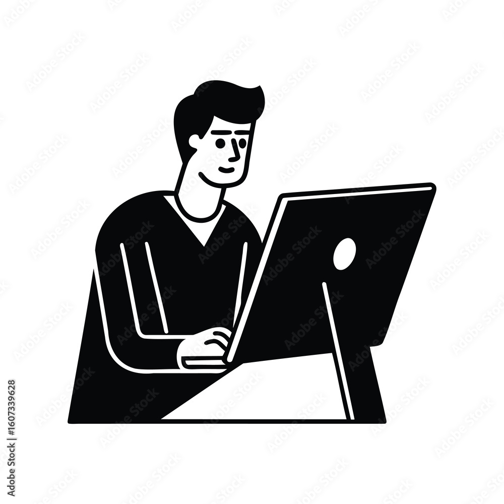 Aufkleber a man working on a computer workstation in a black and white image