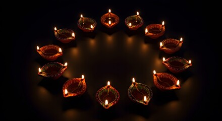 "Arrangement of Lit Diya Lamps in Dark Background"

