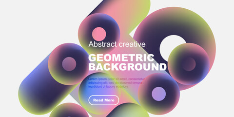 Abstract colorful shapes overlap black background. Text promotes geometric design, includes button. Modern visual presentation.