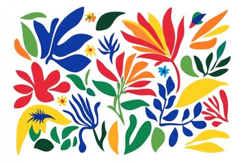 Bold, colorful floral pattern with stylized leaves and blossoms