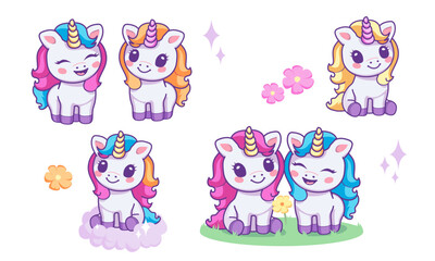 Set of cute cartoon unicorns, vector illustration clip art. Kawaii children's print, poster, elememt for design of clothing, textiles, rooms.
