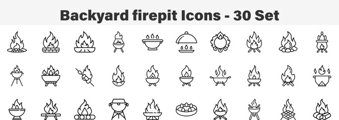 Backyard Fire Pit and Outdoor Living Icon Collection. Line Art 30 Set Icon Collection Vector Illustration