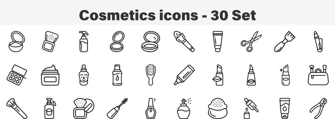 Cosmetics and Makeup Beauty Product Line Icons. Line Art 30 Set Icon Collection Vector Illustration