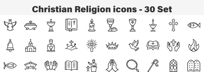 Christian Religion and Church Symbols Collection. Line Art 30 Set Icon Collection Vector Illustration