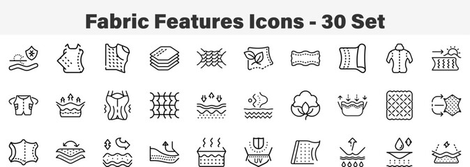 Fabric Features and Textile Properties Vector Icons. Line Art 30 Set Icon Collection Vector Illustration