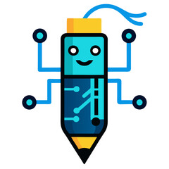 Creative robot pencil character with circuit board design and blue wires