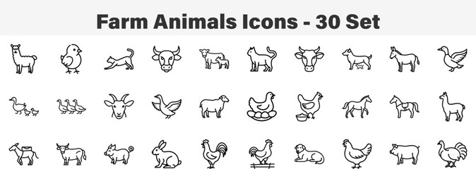 Farm Animals and Livestock Line Icon Collection. Line Art 30 Set Icon Collection Vector Illustration