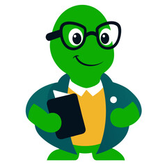 Friendly cartoon turtle wearing glasses and a blazer holding a book