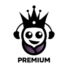 Cute cartoon character wearing a crown and headphones with the word premium