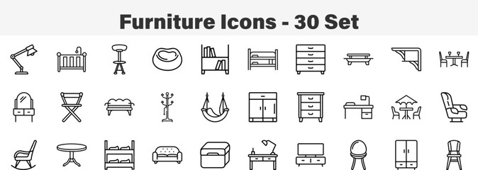 Home Furniture and Interior Decor Icon Set. Line Art 30 Set Icon Collection Vector Illustration