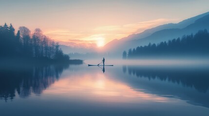 Fototapeta premium A serene lake scene at sunrise with a person paddleboarding.