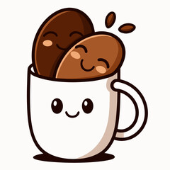Cute happy coffee beans in a smiling coffee cup cartoon illustration