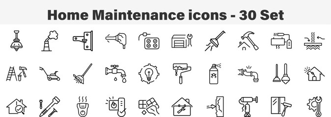 Home Maintenance and Repair Service Line Icons. Line Art 30 Set Icon Collection Vector Illustration