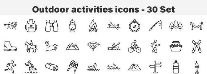 Outdoor Activities and Recreation Adventure Icons. Line Art 30 Set Icon Collection Vector Illustration