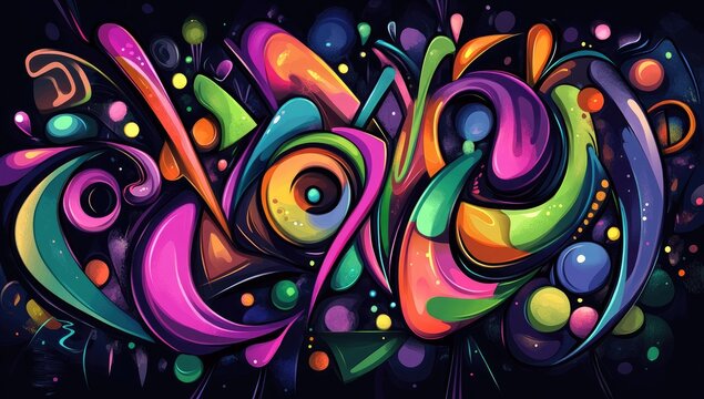 Vibrant, abstract art piece featuring a stylized word, composed of swirling, colorful shapes.  Bold, dynamic forms with  bright, glowing colors against a dark backdrop
