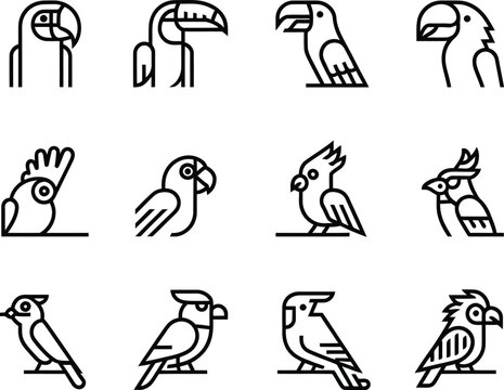 Collection of stylized line art icons of various tropical birds