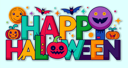 Colorful Happy Halloween text with pumpkins and bats holiday celebration