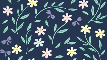 Obraz premium Elegant floral pattern featuring pastel flowers leaves and delicate bows for spring themed designs invitations and textile prints